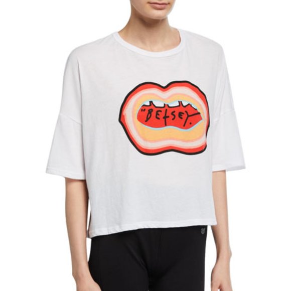 Betsey Johnson Lips Graphic Boyfriend Crop Tee - Picture 1 of 5